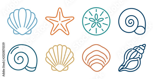 Colorful seashell and sea life line icons featuring minimalist illustrations of a starfish, sand dollar, scallop, and conch shell in a clean, modern vector graphic set