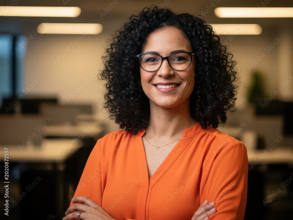 Fototapeta premium Smiling professional woman with arms crossed in office setting
