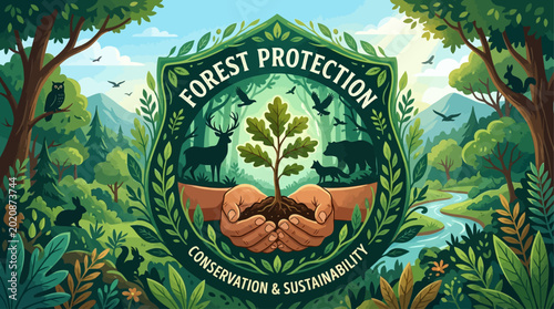 Hands holding tree sapling in forest protection emblem with conservation and sustainability theme