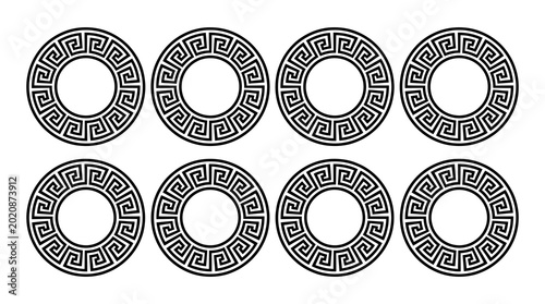 Eight circular greek key meander pattern design elements with ornamental