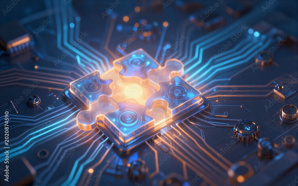 Obraz premium Glowing puzzle piece connects to circuit board symbolizing tech