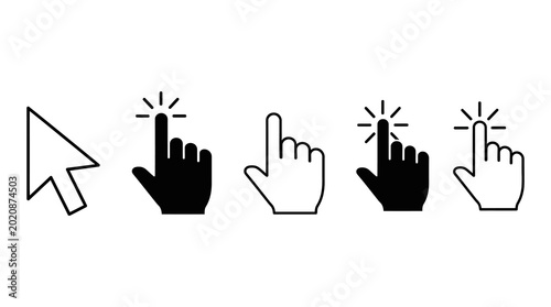 Cursor pointer and hand icons indicating selection and click with they represent