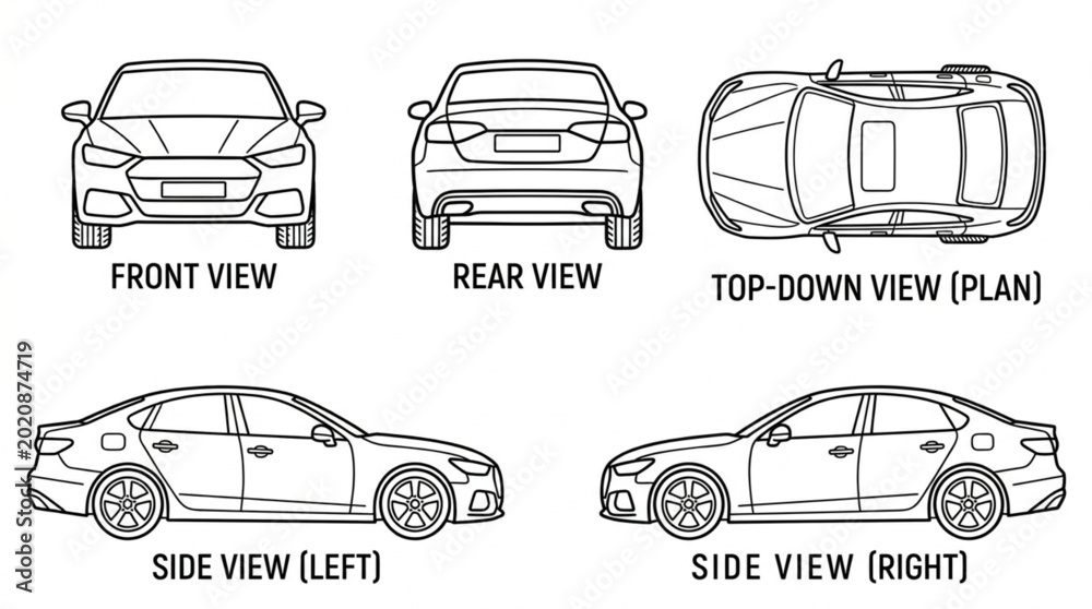 Obraz premium Car Blueprint Multiple Views Front Rear Side Top Down.