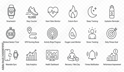 Minimalist fitness and health tracking icon set for wearable technology and wellness mobile applications with modern black line art style