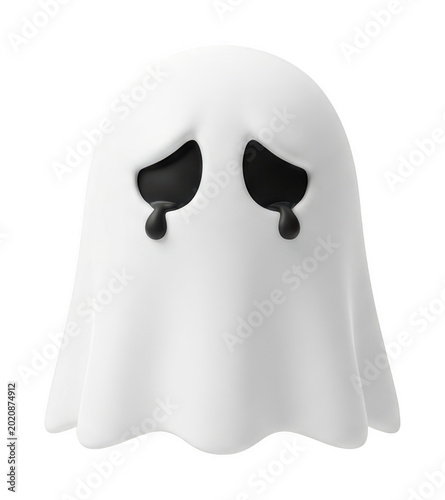 Cute minimalist 3D white ghost character crying black ink tears isolated transparent background image