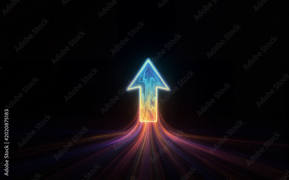 Fototapeta premium Vibrant glowing arrow ascends through colorful trails against a dark