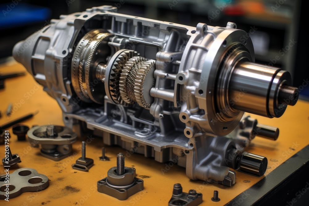Fototapeta premium Disassembled automatic transmission showing complex internal gears and mechanical components