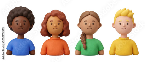 Diverse 3D clay characters with friendly smiles wearing vibrant shirts isolated transparent background image