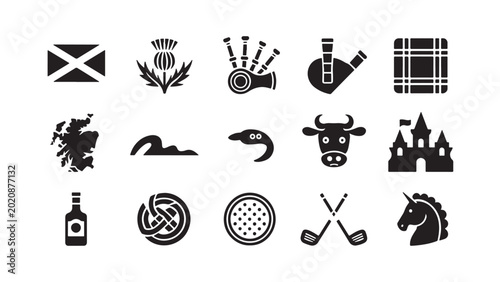 Scottish Culture and Heritage Icon Set with Thistle Bagpipes Whisky Unicorn and National Symbols Vector Illustration