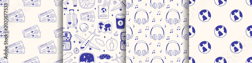 Vector travel seamless pattern print set with hand drawn outline monochrome doodle blue mediterranean navy. Airline boarding pass ticket, suitcase, passport elements. Airplane trip backgrounds.