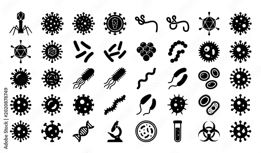 Αυτοκόλλητο Scientific virus and bacteria silhouette vector set with medical microorganism i