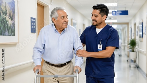 Dedicated Hispanic male nurse assisting a senior patient with walking down a modern hospital hallway, showcasing compassionate healthcare, professional nursing support, and medical excellence.