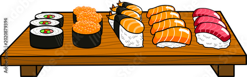 Cuadro en lienzo Japanese sushi collection, appetizing and delicious nigiri and maki rolls on a w