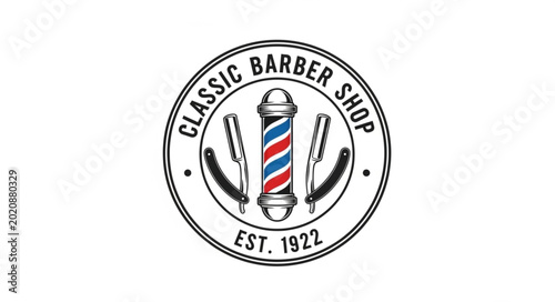 Foto Classic Barber Shop Emblem with Barber Pole and Razors.