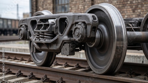 Close-up view of a modern train wheel assembly (bogie) in motion on railway tracks. 