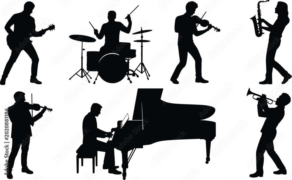 Φωτογραφία Musician silhouettes vector set with people playing different musical instrument