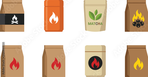 Foto Assorted charcoal briquette packaging designs with fire icons and natural elemen