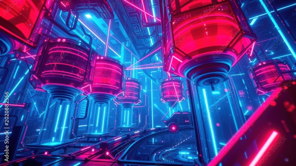 Fototapeta premium Futuristic interior, vibrant neon lights, complex geometry. Structures glow pink, blue, creating immersive digital space. Lines intersect.