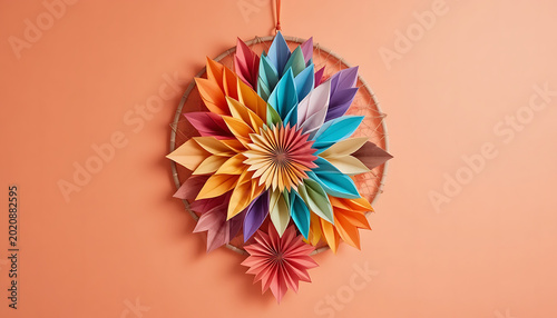 Colorful origami flower mobile with hanging ornament, peach background