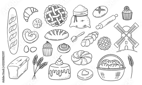 Schilderij op canvas Hand Drawn Bakery and Pastry Icons Set Bread Croissant Cake Dessert Doodle Colle