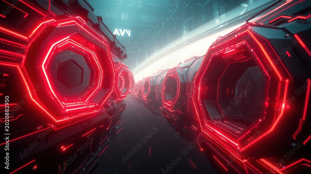 Fototapeta premium Futuristic tunnel glows with vibrant red neon lights. Hexagonal structures create perspective, hinting at advanced technology. Dark background emphasizes illumination.