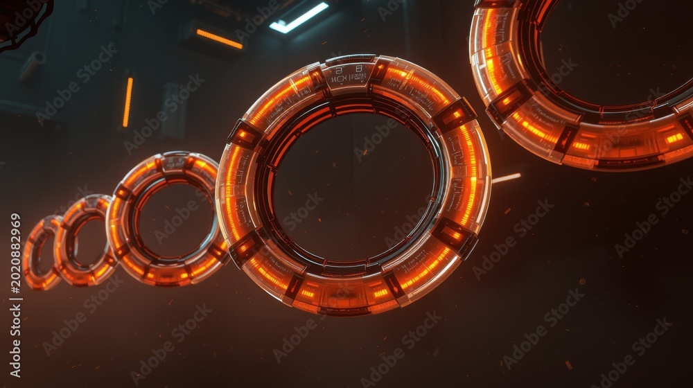 Fototapeta premium Glowing rings float within dark space. Futuristic design suggests technology, energy, or scifi setting. Dramatic lighting creates strong contrast.