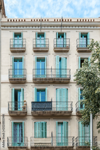 Photos Traditional Apartment Building Facade Barcelona, Blue Shutters, Wrought Iron Bal