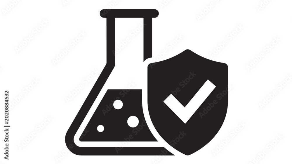 Φωτογραφία Laboratory flask icon with shield and check mark for chemical safety protection