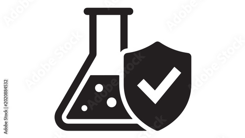 Laboratory flask icon with shield and check mark for chemical safety protection and risk management purposes