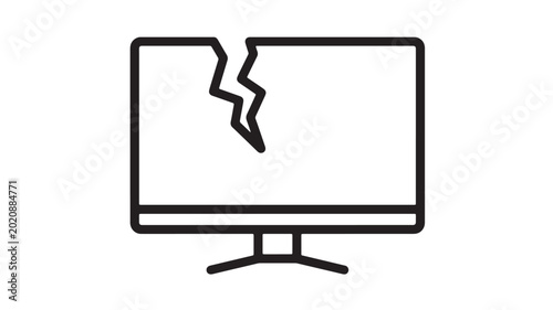 Monitor with broken screen crack icon, vector style computer display symbol for repair, failure and technical support