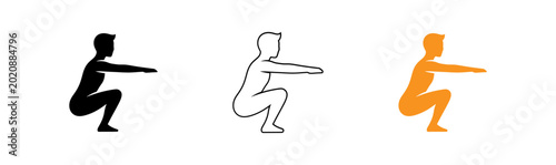 Bild auf Leinwand Three silhouette illustrations of a person doing a squat exercise in black white