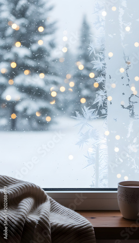 Winter scene with snow, trees, lights, and a cup near a window in a cozy setting