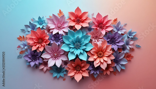 Colorful floral heart arrangement, gradient background, pink, blue, purple flowers