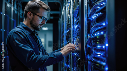 Professional IT technician meticulously managing complex network cabling in a high-tech data center server room illuminated by atmospheric blue LED lights and glowing equipment indicators.