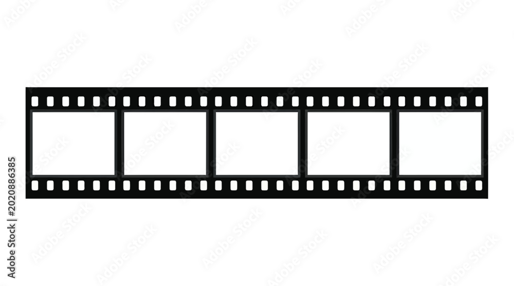 Fototapeta premium Black film strip with five blank white frames and perforated edges, isolated on a white background, symbolizing cinema production and nostalgic photography