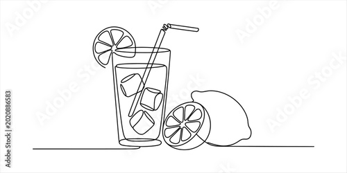 Foto Continuous single line drawing of a glass of lemonade with ice cubes and lemon s