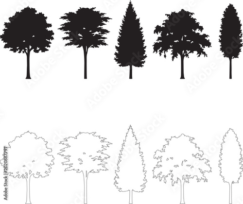 Black tree silhouettes and thin line icons set, 10 deciduous and evergreen tree vector elements, minimalist forest plant shapes for landscape design