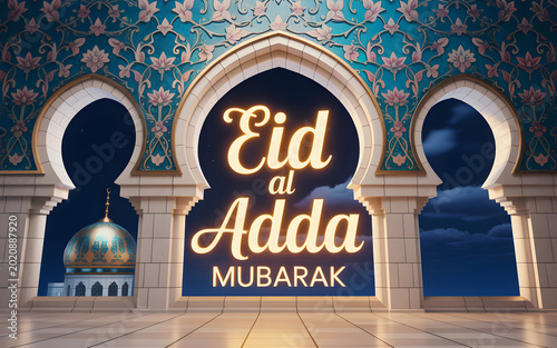 Eid al Adha Mubarak greeting with mosque architecture and lantern illumination