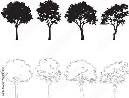 Black tree silhouettes and outline vector set, deciduous tree collection for landscape design, minimalist nature icons for architectural site plans