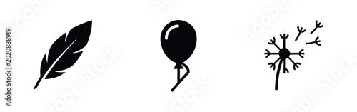 Photos Set of three black minimalist icons representing lightness and air, including a feather, a balloon, and a dandelion with blowing seeds