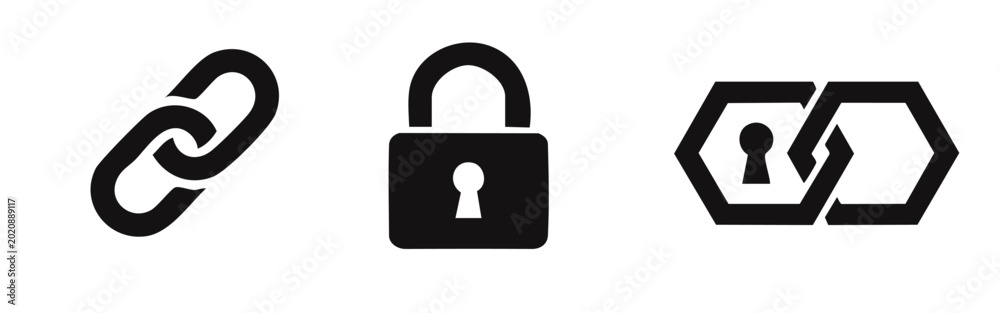 Fotografie Black vector icon set featuring a chain link, a padlock, and interlocking locked hexagons, symbolizing security, connection, and data protection