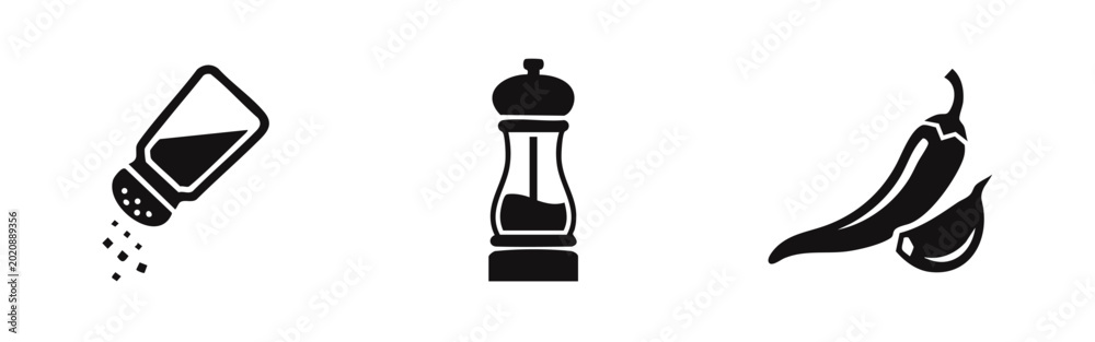 Εκτύπωση καμβά Set of black minimalist culinary icons featuring a salt shaker, pepper mill, chili pepper, and garlic clove on a clean white background