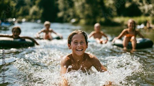 children tubing and splashing on a sunlit forest lake with a smiling boy in foreground, outdoor camp recreation with friends