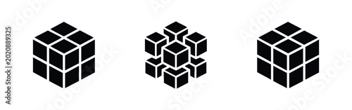 Foto Set of minimalist black isometric cube icons showing assembled and exploded views, perfect for modular design, structure, and data concepts