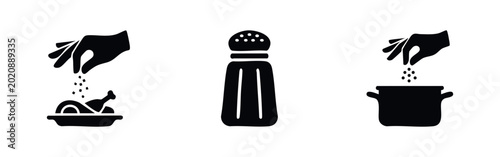 Photos Black and white icon set featuring hands sprinkling salt onto food and into a pot, alongside a classic salt shaker