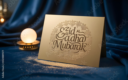 Eid al Adha Mubarak greeting card with candlelight and gold embellishments on dark fabric