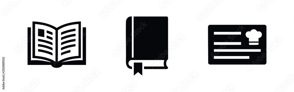Εκτύπωση καμβά Three minimalist black icons including an open book, a book with a bookmark, and a recipe card