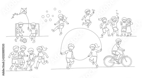 Foto Children Playing Outdoor Activities: Football, Kite, Jump Rope, Cycling, Games -