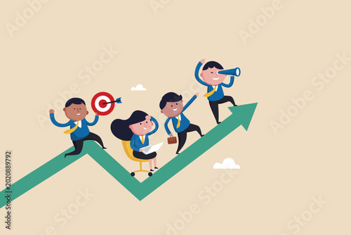Diverse business team climbing upward on a green arrow graph towards success.