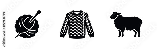 Cuadro en lienzo Minimalist black and white icons representing the wool process: a ball of yarn with a needle, a patterned knitted sweater, and a sheep